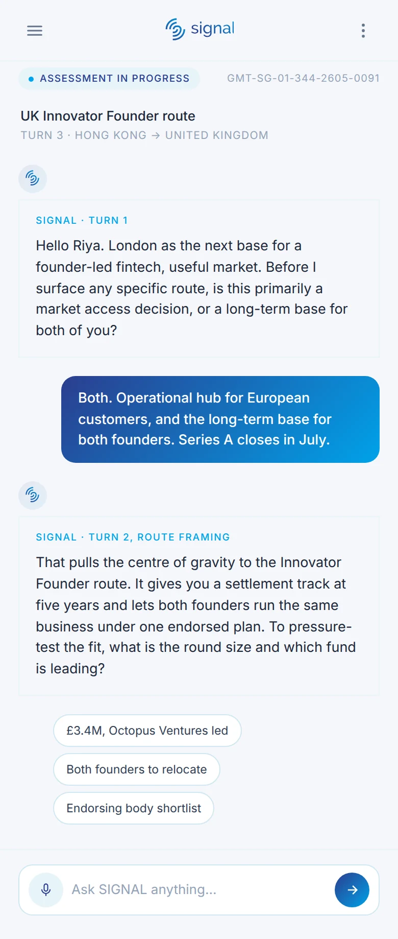 The SIGNAL assessment running on a mobile screen, the qualification conversation in progress