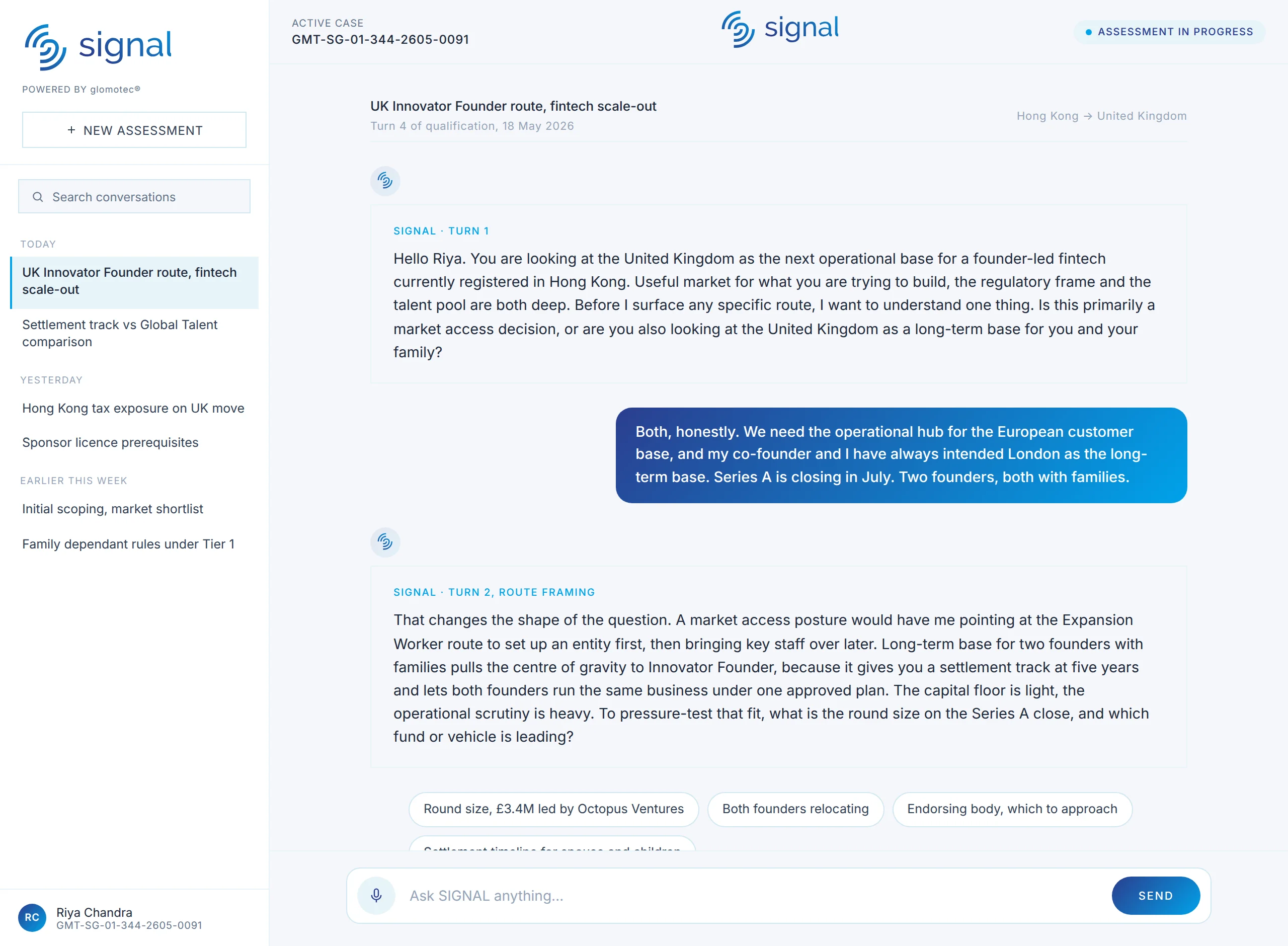 The SIGNAL assessment interface, an AI-led qualification conversation in progress for a cross-border move from Hong Kong to the United Kingdom