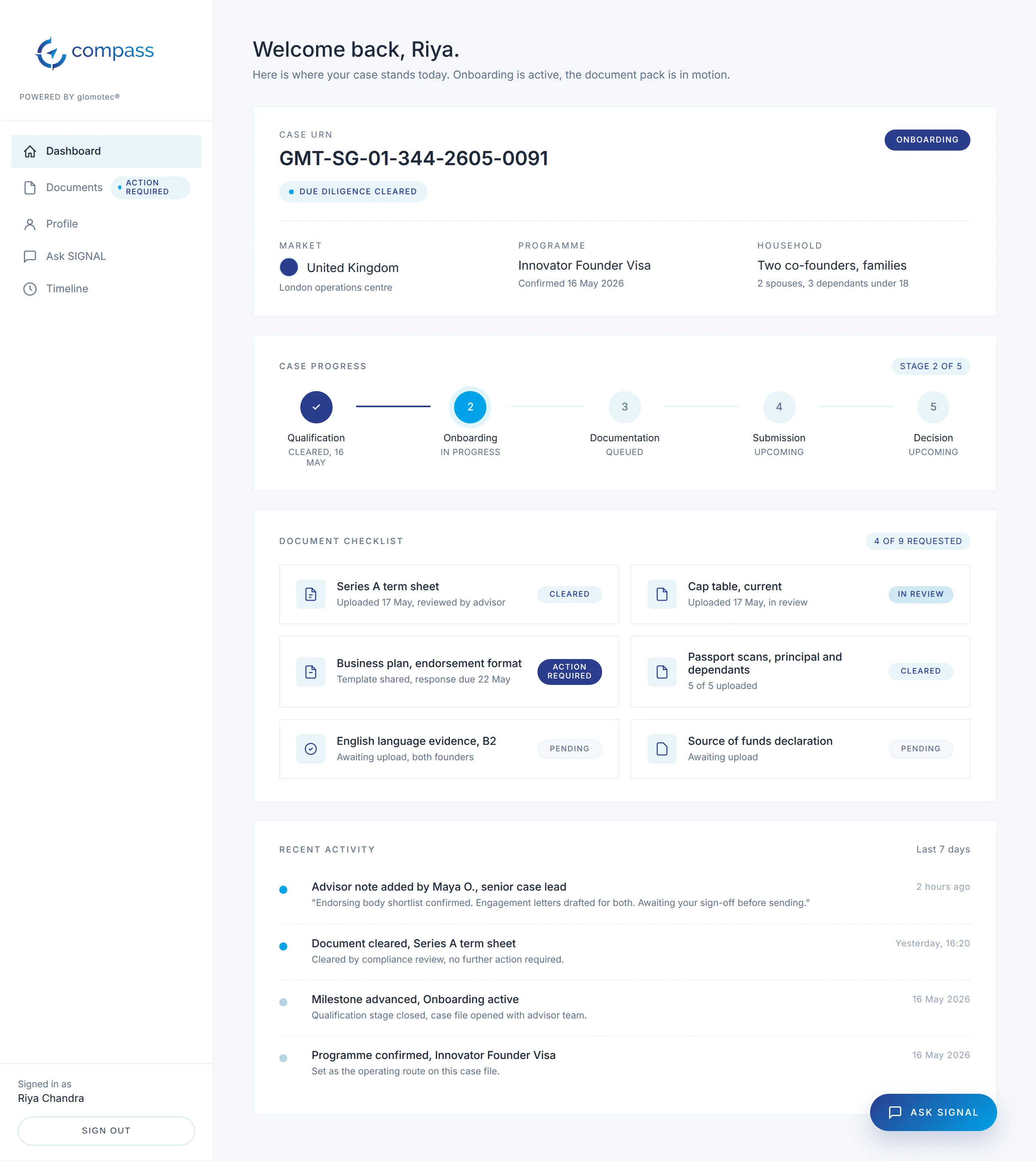 The glomotec portal, a live case dashboard with a five-stage progress tracker, document checklist, and recent advisor activity